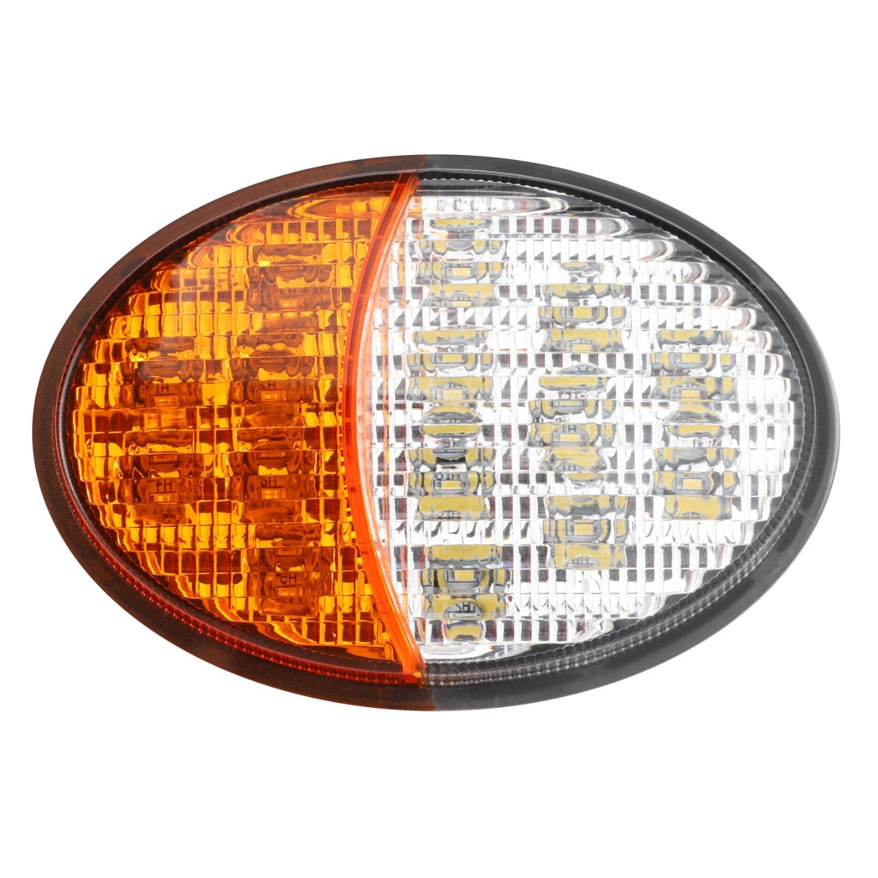 The AGCO Combination Light, Front (Acw134184B) is an oval vehicle light featuring a half orange and half clear lens with multiple LEDs for enhanced illumination. Ideal for tractors, this light meets AGCO Genuine Headlights standards.