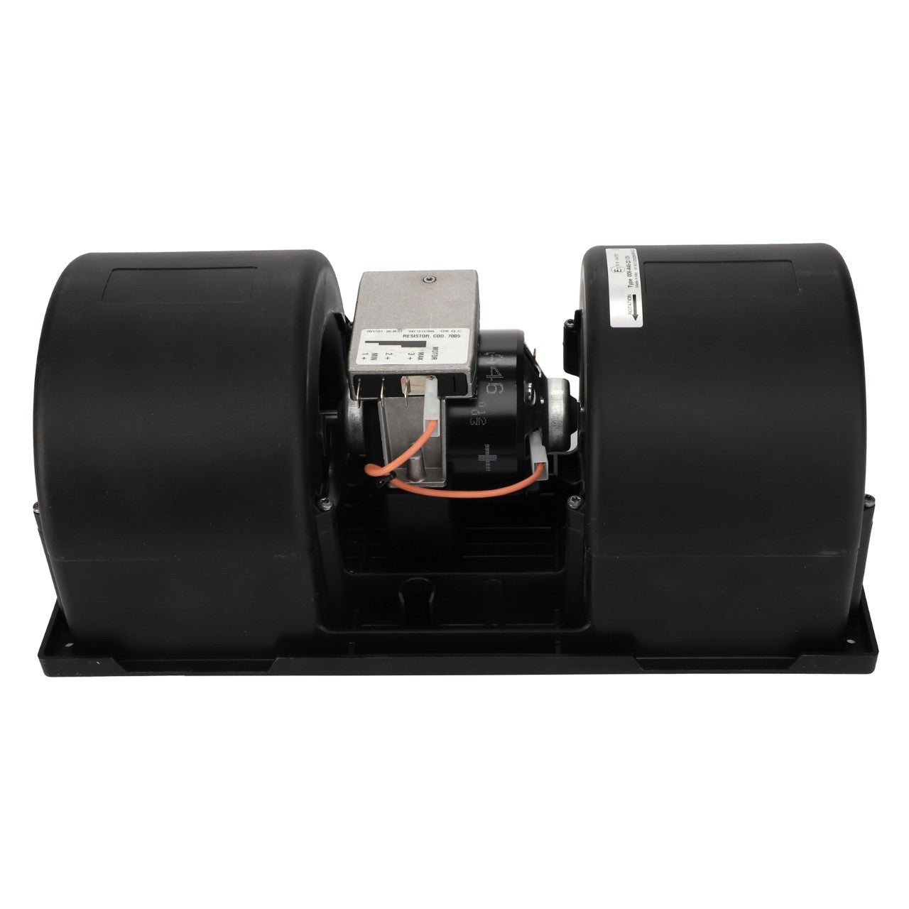 A black AGCO Blower - 3478331M91 HVAC blower motor assembly with dual cylindrical fans and a central motor unit, compatible with Fendt models.