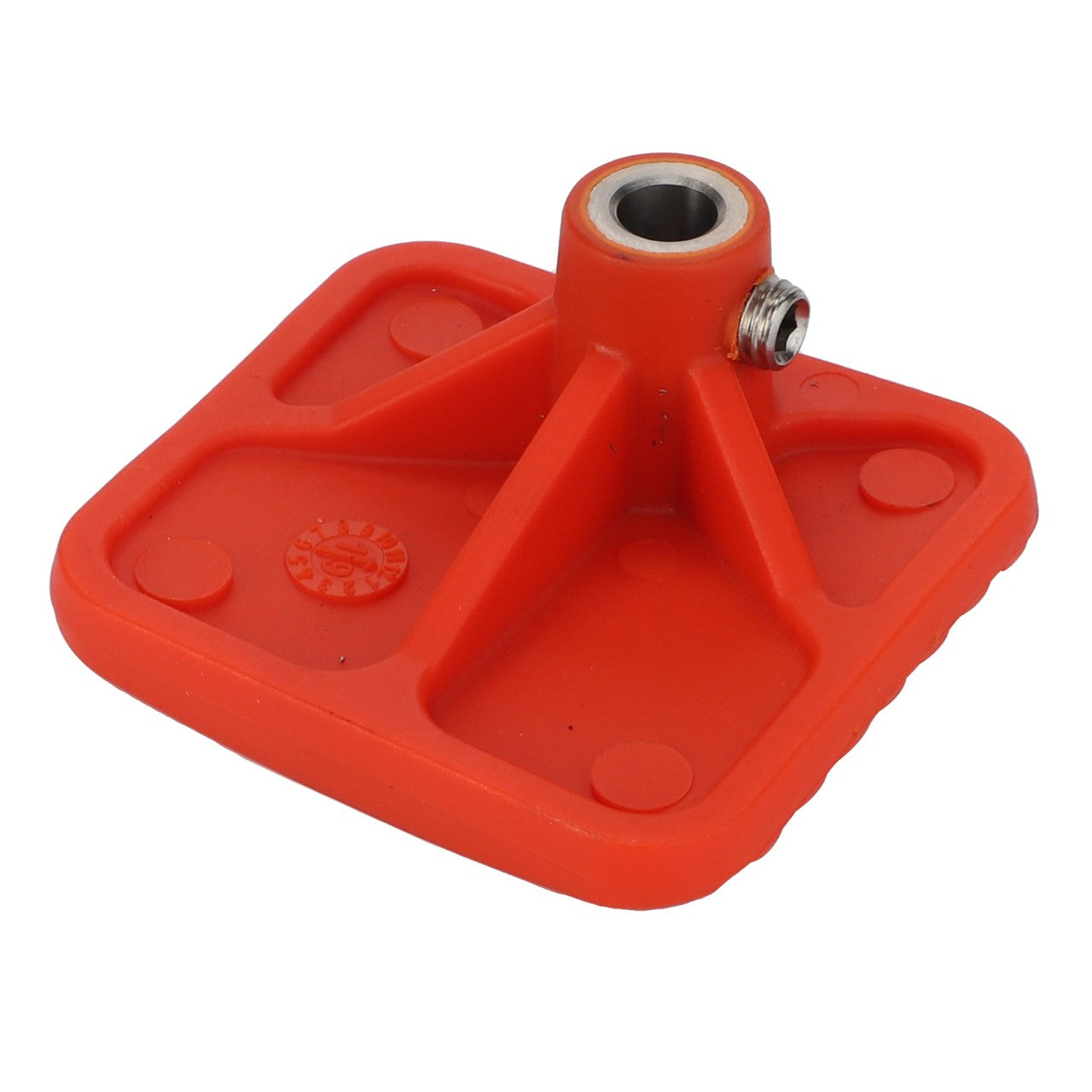 The AGCO Foot Rest (Acp0334370) is a red, square-shaped plastic object featuring a centrally located cylindrical metallic hole with a screw fitting. Currently, no detailed product description is available for this item.