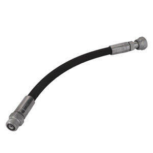 The AGCO | Hydr. Hose - Acw1981110 by AGCO is a black flexible hose with metal fittings on both ends, designed for fluid or gas transfer. No current product description information is available.