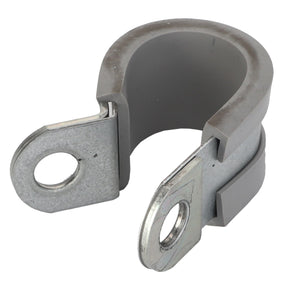 The AGCO PIPE CLAMP - F836200090090, by AGCO, is a sleek grey and silver clamp featuring a durable rubber lining and two screw holes for easy mounting.