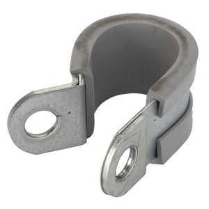 The AGCO PIPE CLAMP - F836200090090, by AGCO, is a sleek grey and silver clamp featuring a durable rubber lining and two screw holes for easy mounting.