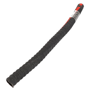 A coiled black protective sleeve, partially covering a red wire with an attached label marked "AGCO | Compressor Hose - Acw2016470".