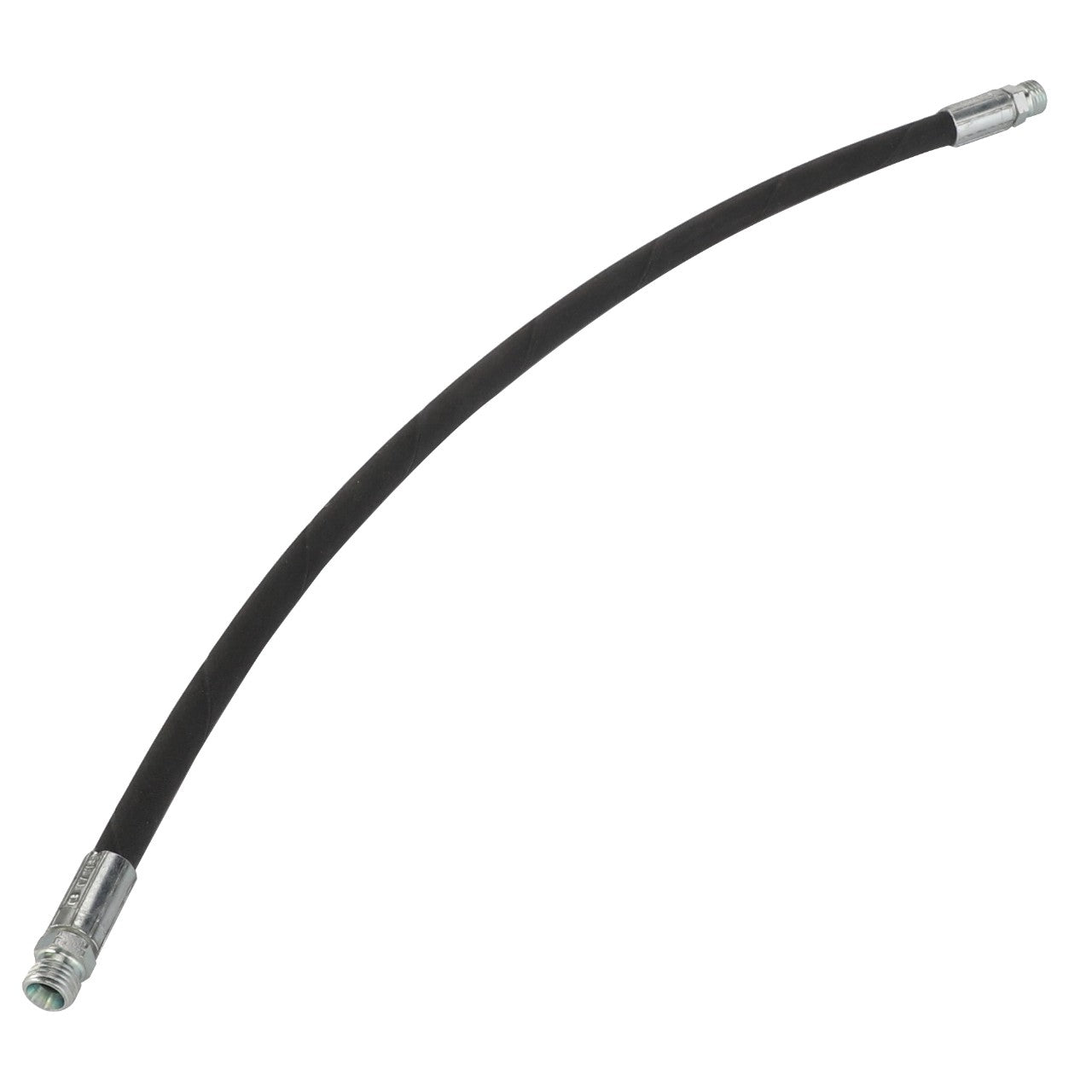 The AGCO Hydraulic Hose - Acw2282540, a black flexible rubber hose featuring metal connectors at both ends, is displayed on a white background. No current product description information available.