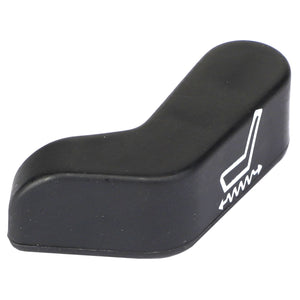 A sleek black plastic reclining seat adjustment lever from AGCO, featuring a clear white seat and arrow symbol (Product Name: AGCO | KNOB - ACW1023060).