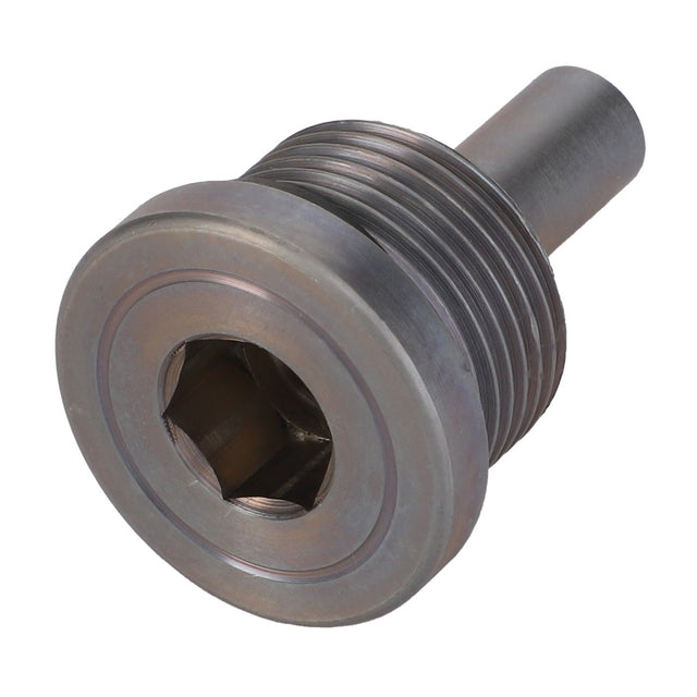 The AGCO Plug - Acp0644220 is a metallic, cylindrical machine part featuring external threading and a hollow hexagonal socket.