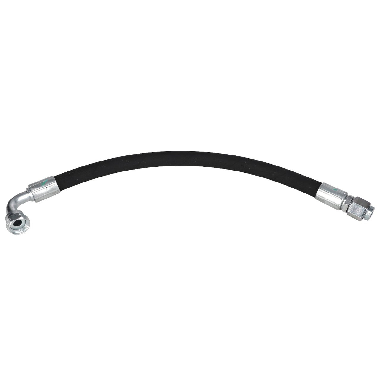 Introducing the AGCO | Return Hose - Acx2761820 by AGCO: a black hydraulic hose equipped with metal fittings on both ends, featuring an elbow fitting on one end and a straight fitting on the other.