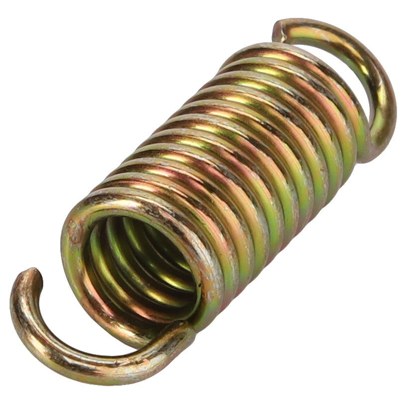 AGCO | SPRING - ATV0123-321: A compact metal extension spring featuring a coiled body and hook ends, manufactured from steel with a golden finish. No current product description information available.