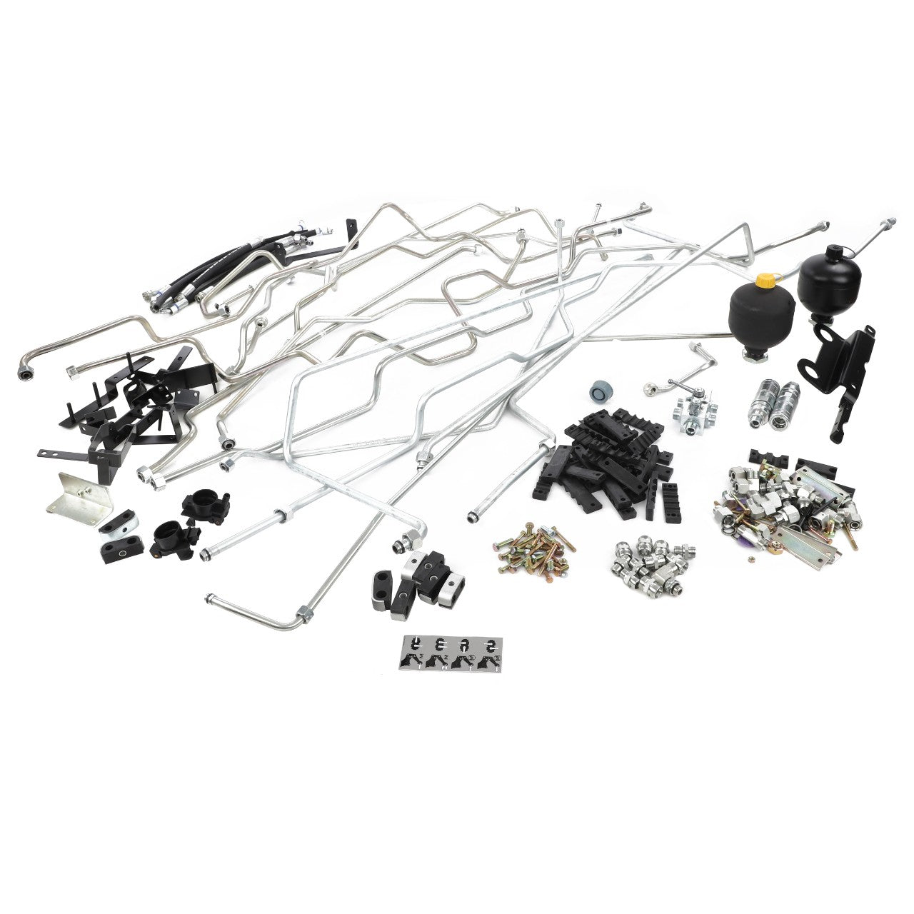 An assortment of AGCO automotive parts, including the Kit, Pipe - Acw1145240 and various tubes, fittings, clamps, and electrical components are arranged on a white background. Please note that no current product description information is available.