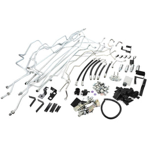 A collection of various automotive parts, including metal pipes, hoses, bolts, brackets, and other components arranged on a white background. This is the AGCO Hydraulic Kit - Acp0634080 by AGCO. No product description available.