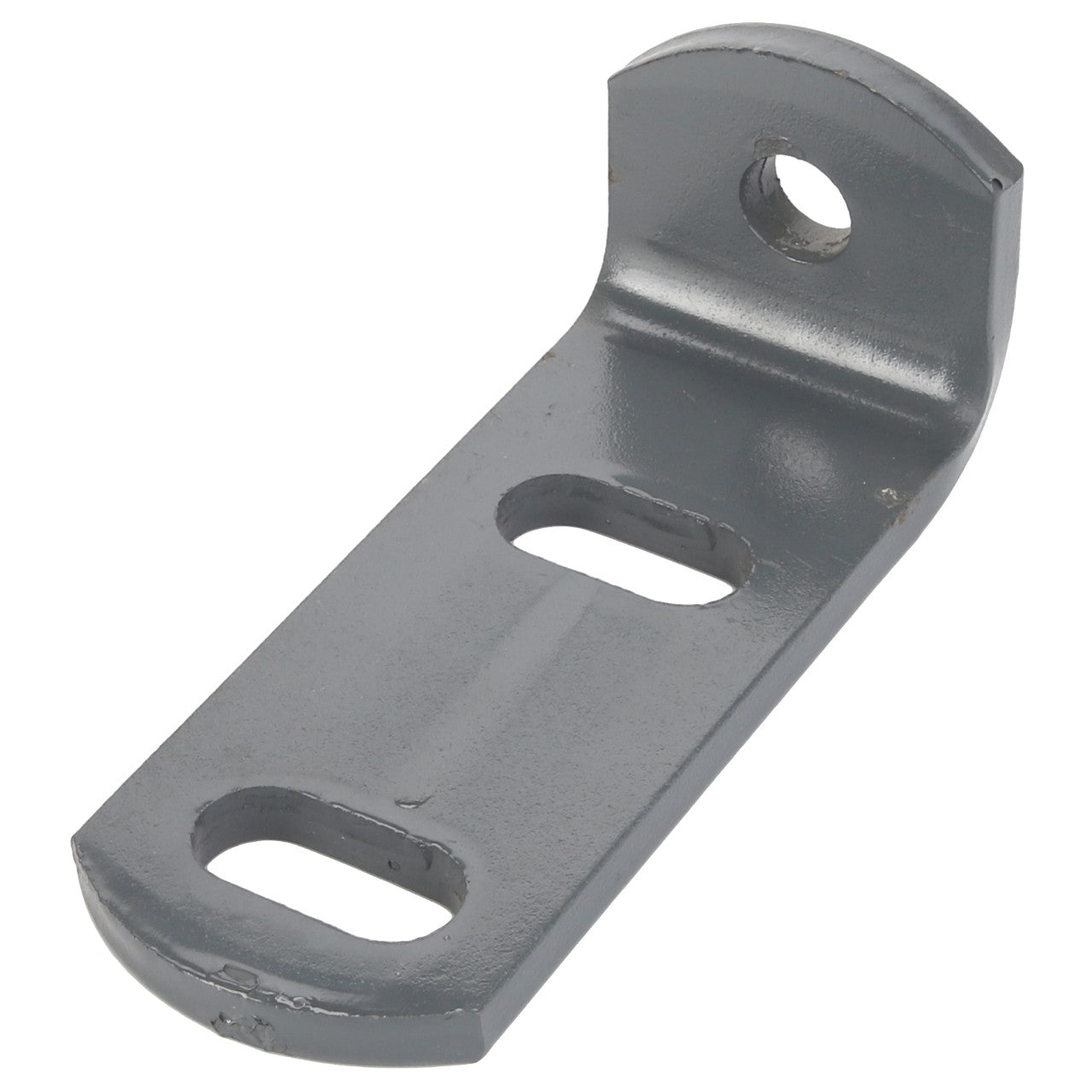 The AGCO Bracket - D28885342 is a gray metal bracket featuring three holes: one circular hole on a vertical plane and two elongated holes on a horizontal plane. Currently, no additional product description information is available.