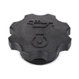 The AGCO Oil Fill Cap - 3641889M1 by AGCO is a black plastic cap featuring a raised engine oil symbol on top and a notched grip design around the edge. It is ideal for ensuring compatibility and protection against oil system contaminants in Massey Ferguson models.