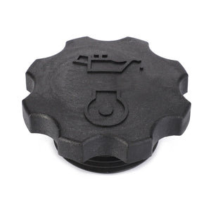 The AGCO Oil Fill Cap - 3641889M1 by AGCO is a black plastic cap featuring a raised engine oil symbol on top and a notched grip design around the edge. It is ideal for ensuring compatibility and protection against oil system contaminants in Massey Ferguson models.