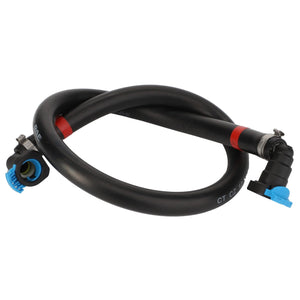 The AGCO Fuel Supply Hose - Acw4655410 is a coiled black hose featuring blue and black connectors on each end, metal fittings, and a red band near one end. Currently, no further product description information is available.