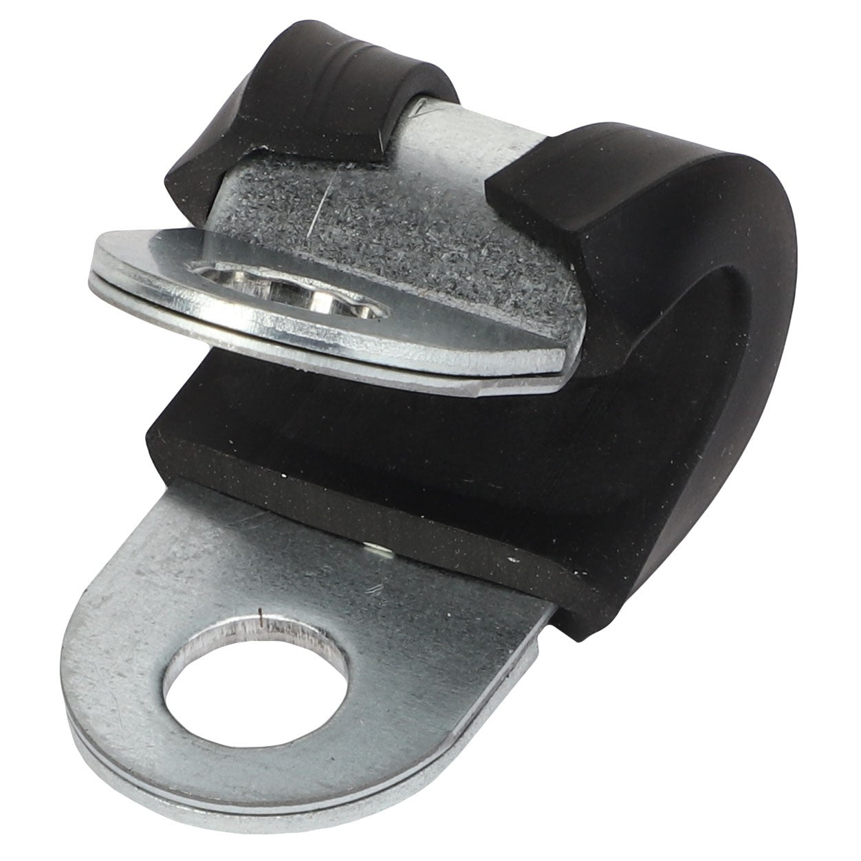 The AGCO Clamp - Acw1135420 is a metal-and-rubber cable clamp featuring a circular hole at one end and a cushioned grip for securing cables at the other.