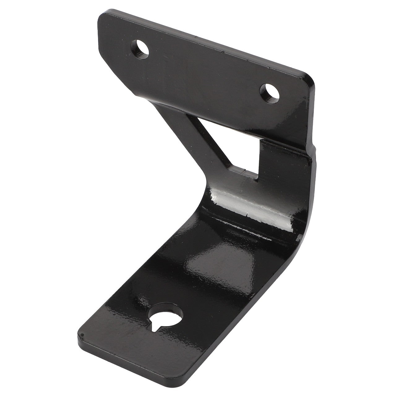 The AGCO Light Bracket, Right Hand - Acx2630920 is a black metal bracket featuring three mounting holes, one at the top and two at the base, designed for support or attachment purposes.