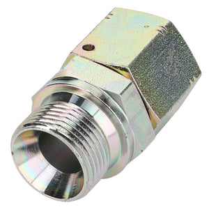 The AGCO | ADAPTER - AL5027465 from AGCO is a metallic adapter featuring a hexagonal shape and threaded connectors at each end, ensuring seamless connectivity.