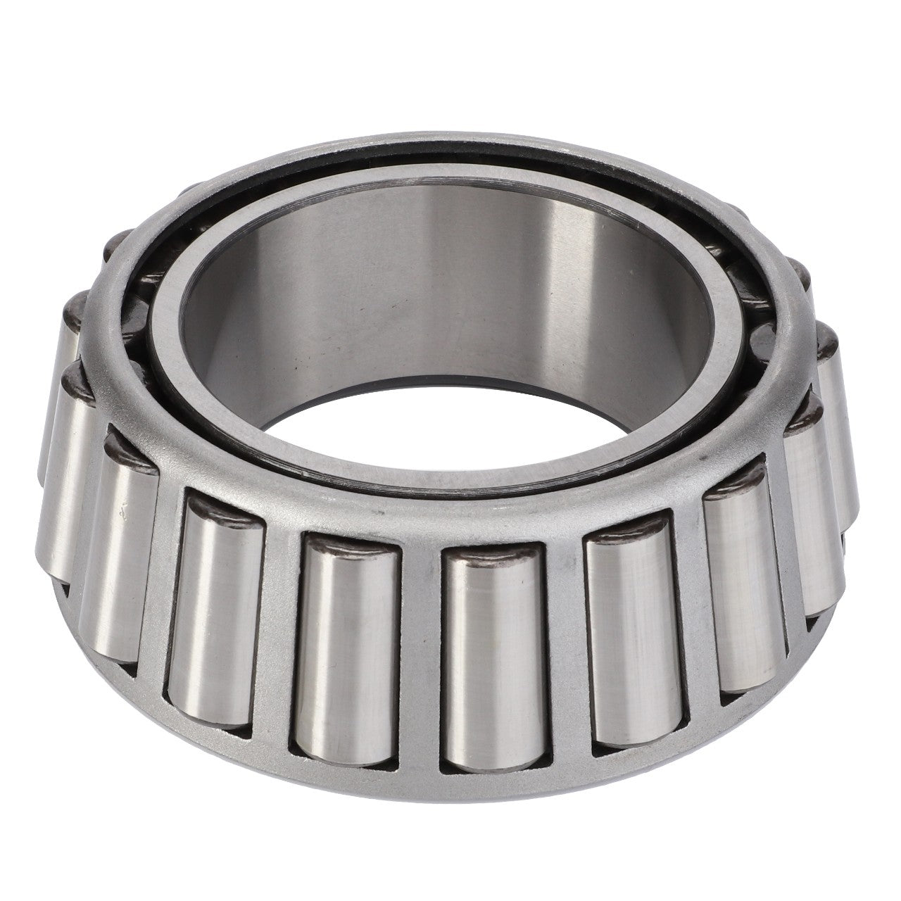 Close-up view of the AGCO | Taper Roller Bearing - CH1P-5419, showcasing its metallic finish with conical rollers arranged in a circle inside a cylindrical outer ring, adept at handling both radial loads and thrust loads.