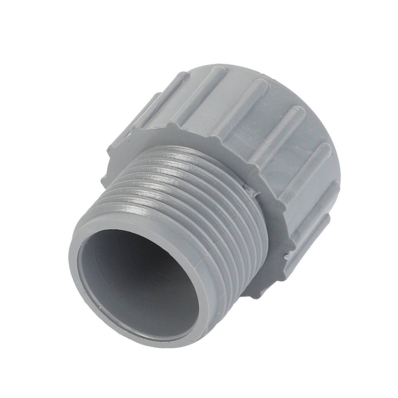 The AGCO | ADAPTER - D45010106, branded by AGCO, is a grey plastic screw cap featuring ribbed sides and a threaded interior. It is ideal for securely sealing containers when no additional product description information is available.