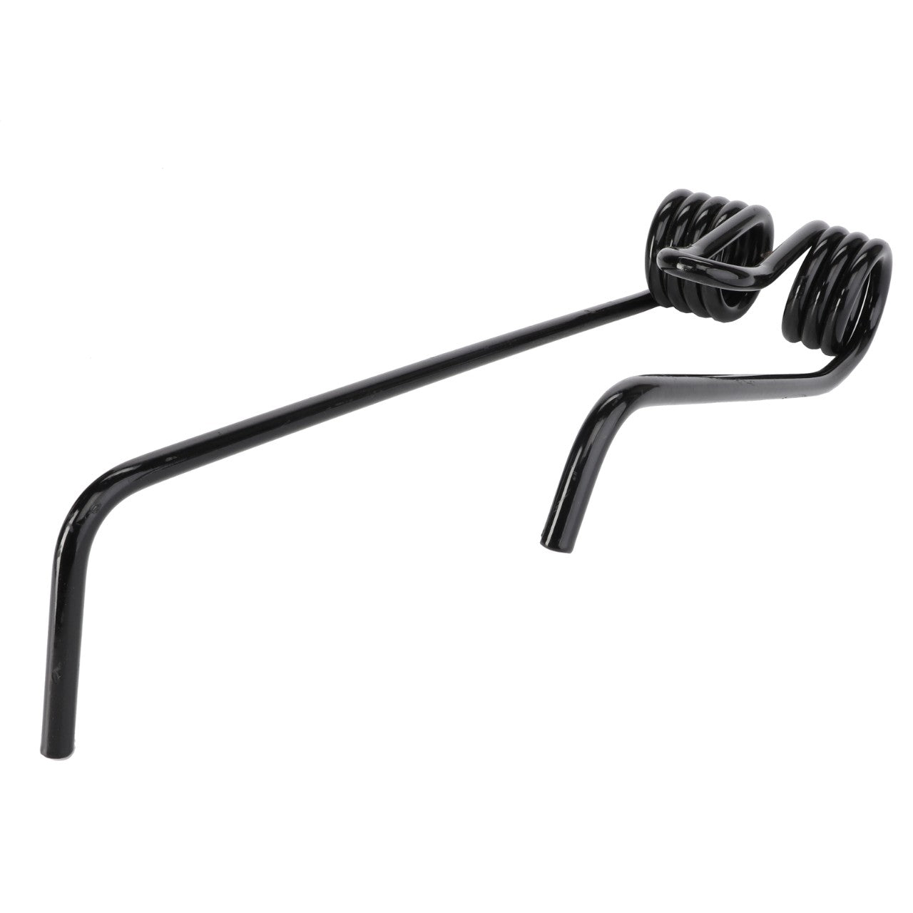 The AGCO | Spring Tine - Fel200260, a black torsion spring with two coiled ends and two straight arms extending in different directions, is perfect for use in Massey Ferguson Models.