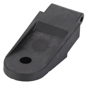 The AGCO | Hinge, Window - 931812051040 is a black, metal bracket with a rounded end featuring a hole and a rectangular section on top, perfect for use in Massey Ferguson machinery.