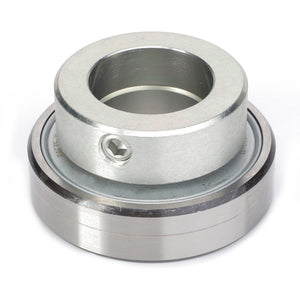 The AGCO | Ball Bearing - D41663400 by AGCO is a cylindrical metal component featuring both outer and inner rings designed to handle radial and axial loads. The inner ring includes a threaded hole for incorporating a screw or bolt. It boasts a primarily silver color with a smooth surface, making it ideal for reducing rotational friction.