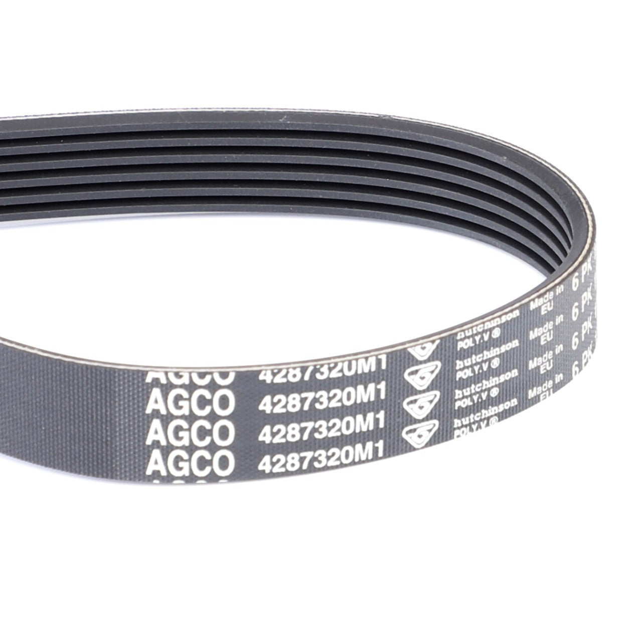 Close-up of a black AGCO Serpentine Belt, Pk6 Profile with part number 4287320M1 printed on it, showing multiple grooves on its inner side. Designed for Massey Ferguson models, this Genuine AGCO belt ensures optimal performance.