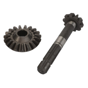 Two components from the AGCO | Kit, Wheel - Fel151377 by AGCO are positioned on a white background; one has a cylindrical shape with gear teeth at one end, while the other is a ring gear featuring both internal and external teeth.