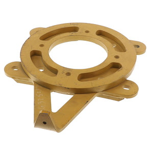 The AGCO MOUNTING BRACKET - AG325217, a metal circular component in yellow color featuring cutouts and multiple bolting holes, is commonly used in machinery. It has a triangular extension with a hole that shows wear and slight discoloration. Note: No current product description is available for this specific part.