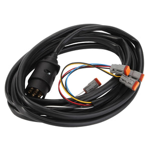 Image of the AGCO | CABLE - AL60007280 product featuring a coiled black electrical cable with three connectors, each having multiple colored wires extending from one end.