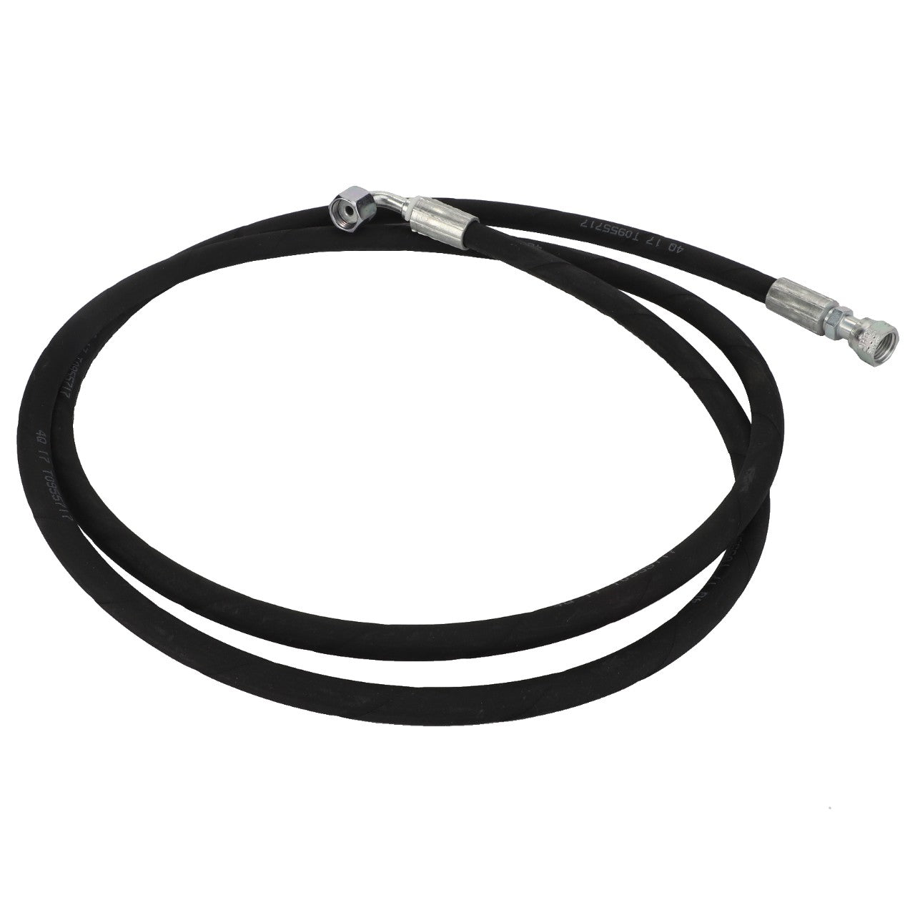 A sturdy AGCO hydraulic hose (model Acw0937380) featuring elegant silver metal fittings on both ends.