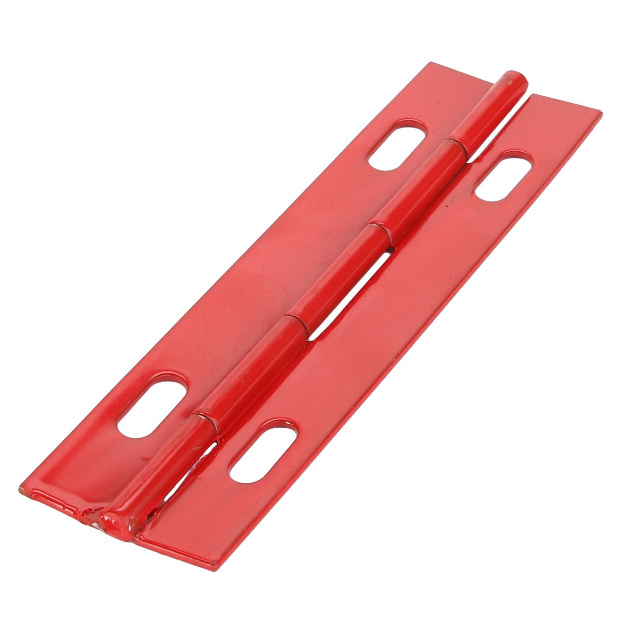 The AGCO HINGE - D28980772 is a red strap hinge featuring two rectangular plates with four oval screw holes, designed specifically for door attachment.