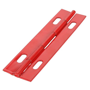 The AGCO HINGE - D28980772 is a red strap hinge featuring two rectangular plates with four oval screw holes, designed specifically for door attachment.