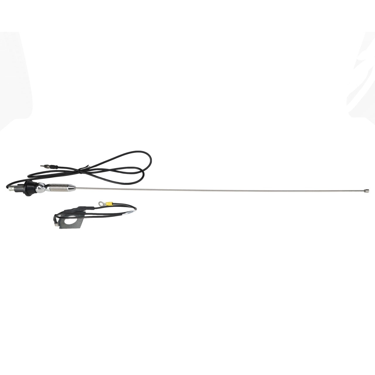 The AGCO | RADIO ANTENNA - AG524340 is a long, thin metal antenna with a coil and a connecting cable, accompanied by a black mounting bracket with screws.