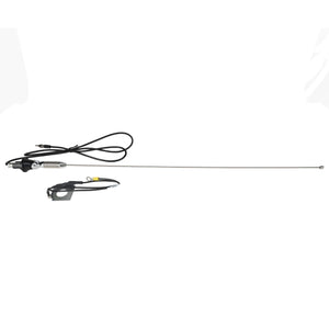 The AGCO | RADIO ANTENNA - AG524340 is a long, thin metal antenna with a coil and a connecting cable, accompanied by a black mounting bracket with screws.