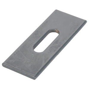 The AGCO | BRACKET - D28480396 is a rectangular metallic plate featuring a central elongated hole for versatile applications.