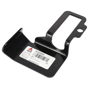 A black metal bracket with a rectangular cutout and a label displaying "AGCO | PLATE - AL5220032," "APCOPARTS.COM," and other essential information.