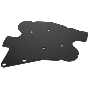 The AGCO | BRACKET - AL5034236 is a sleek black, flat metal plate with a contoured edge and multiple holes, specifically designed for precise mounting or support in various mechanical assemblies.