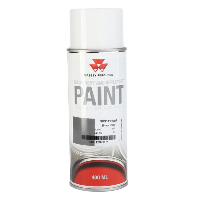 A 400 ml can of AGCO Mf Sirmac Grey Aerosol - 3931207M7. Ideal for metal surfaces, this touch-up aerosol paint is quick-drying. The can features a red Massey Ferguson logo and label details.