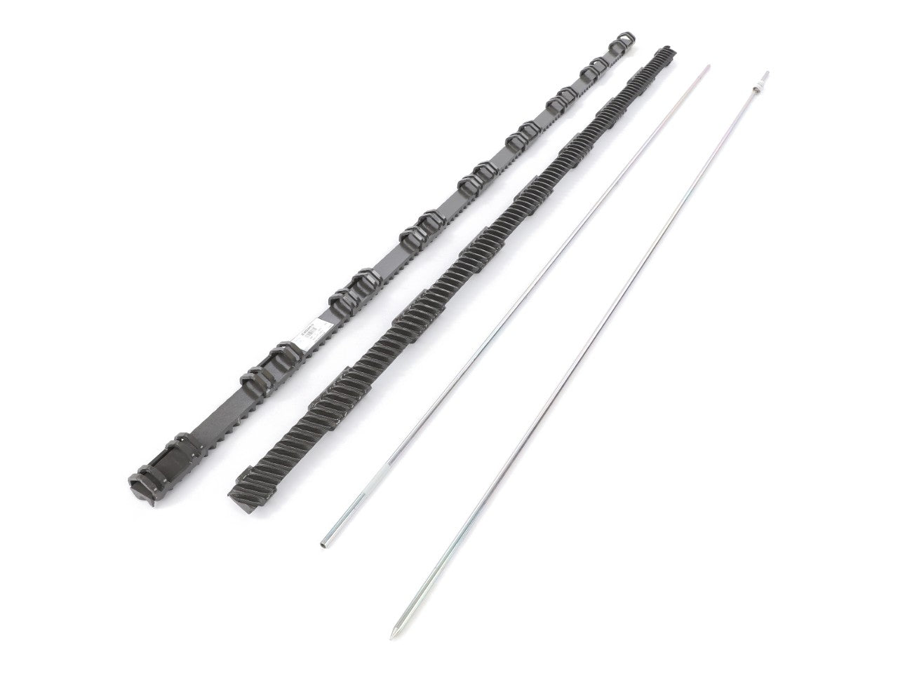 Three long, thin AGCO Concave Beam Attachment Kit rods with coils and ridges, and one smooth rod lay parallel on a pristine white background.