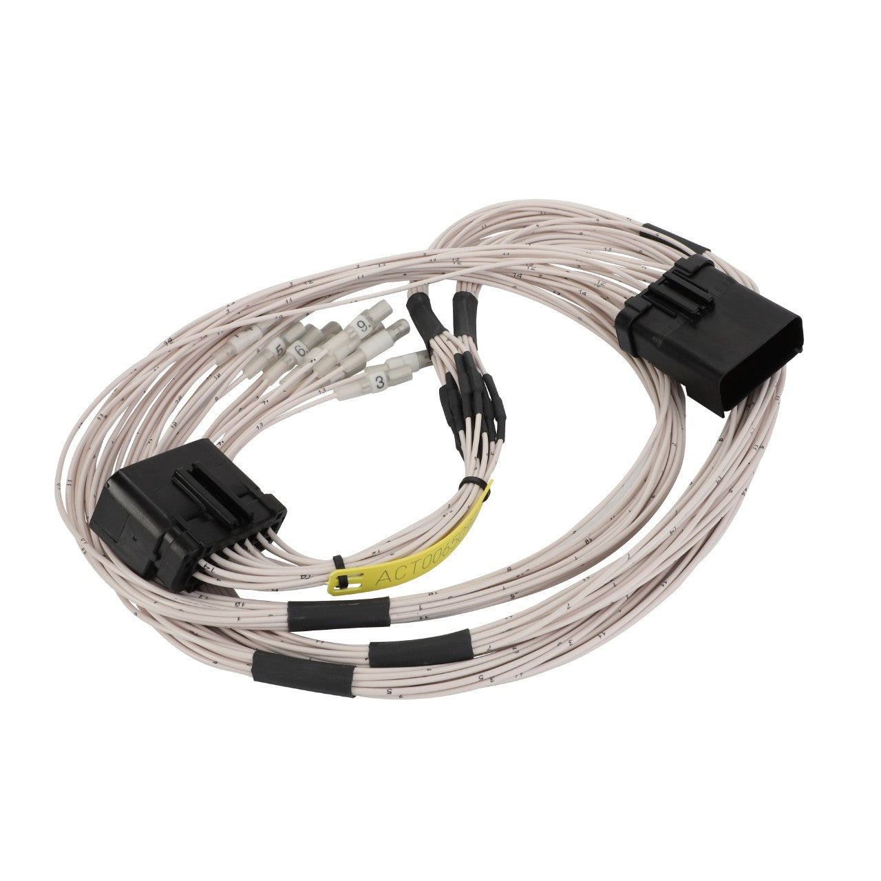 A coiled bundle of white AGCO electrical cables with black connectors and precisely labeled ends, known as the Harness - Act0065090.