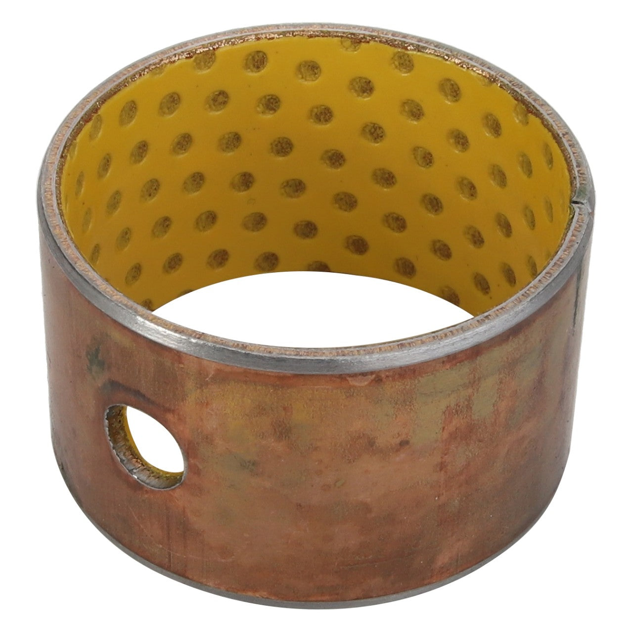 The AGCO Bushing for Front Loaders (Acp0294020) is a cylindrical metal component with a diameter of 45 mm and a length of 30 mm, featuring a yellow, perforated inner lining and a single hole on its outer surface.