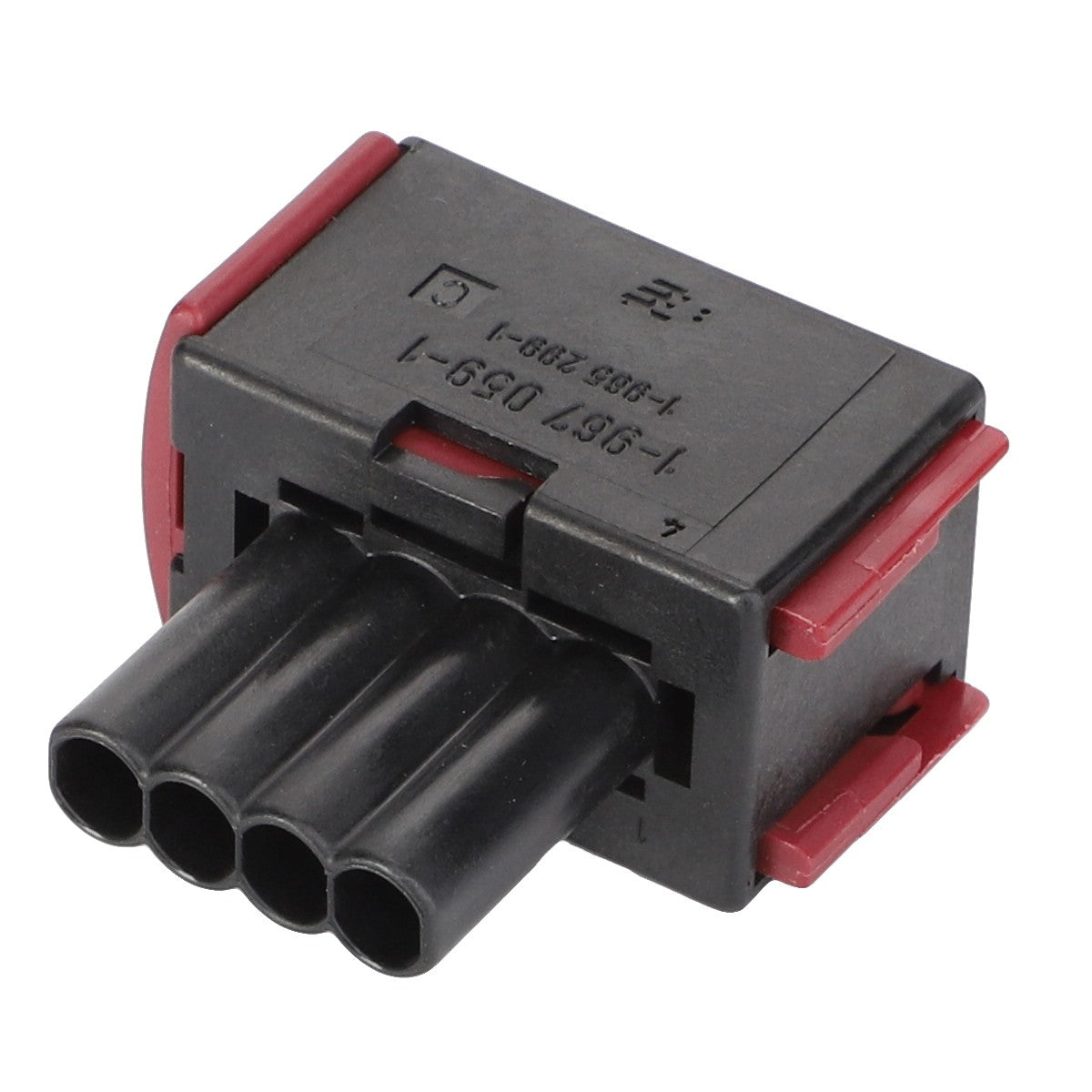 Product Description: The AGCO | Connector - D45043804 by AGCO is a black rectangular electrical connector featuring four cylindrical sockets and red clips on the sides.