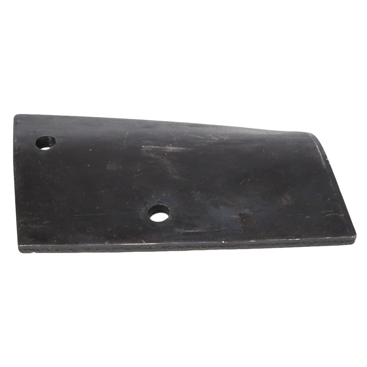 The AGCO BLADE - E100662 is a rectangular, flat black metal piece with two circular holes near one edge, making it perfect for securing components.