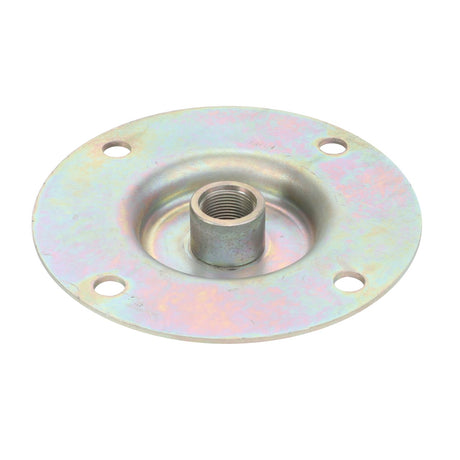 The AGCO Plate - 4293757M2 is a metal base plate featuring a threaded center hole and four surrounding screw holes for mounting, compatible with Valtra Models.