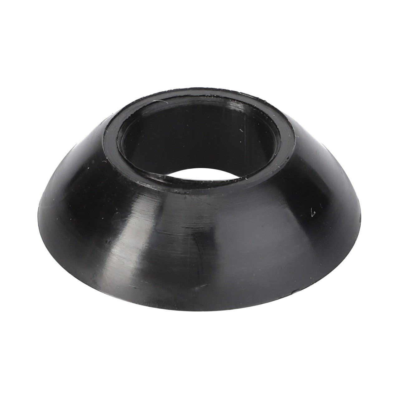 The AGCO | JOINT BALL - V30930300 is a black, cone-shaped washer with a central hole, commonly used in mechanical or plumbing applications where detailed specifications are limited.