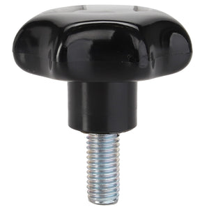 The AGCO | KNOB - D49070800 by AGCO is a black plastic star knob featuring a threaded metal shaft, designed for tightening or adjusting machinery components. This concise summary provides the available product description information.