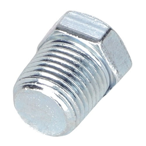 Close-up of the AGCO | Plug - 791319, a silver, hexagonal metal plug with a threaded body, perfect for securely sealing the end of a pipe or fitting.