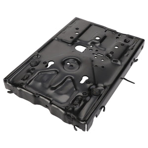 The AGCO Suspension Lower Part - F222502031090 is a black, rectangular metal automotive component featuring various cutouts and holes designed for seamless assembly and secure mounting.