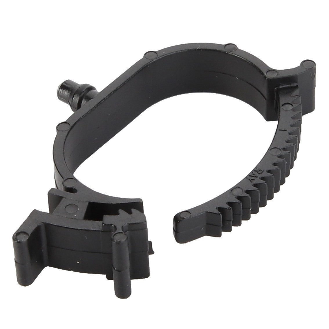 The AGCO | Clamp - Acw3539930 is a black plastic adjustable hose clamp featuring a ridged tightening mechanism and an easy-to-turn screw.